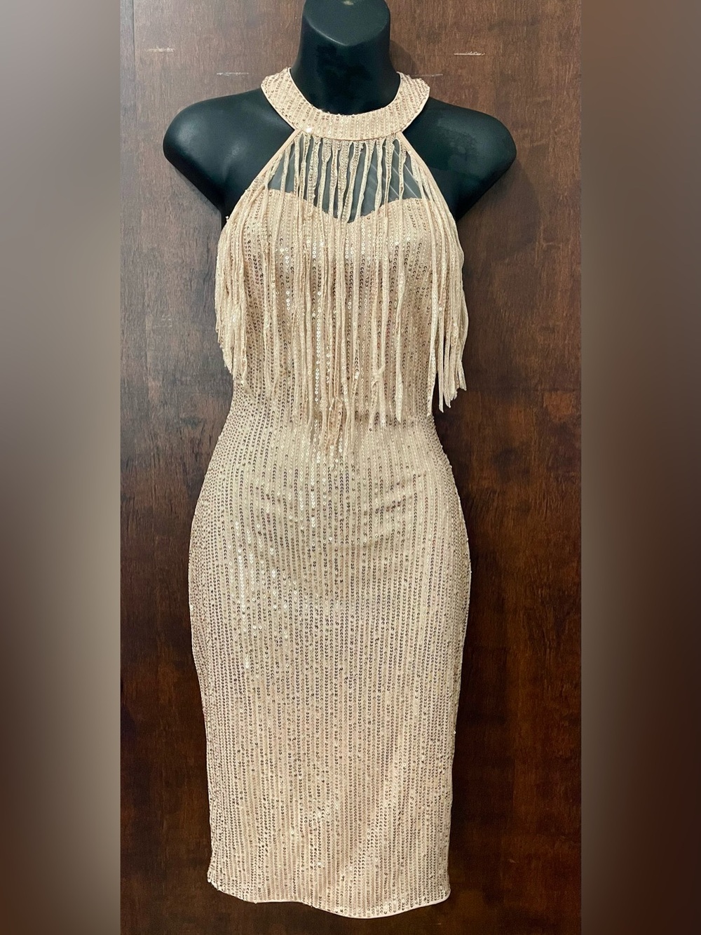 SHEIN Champagne Sequin Fringe Halter Bodycon Dress